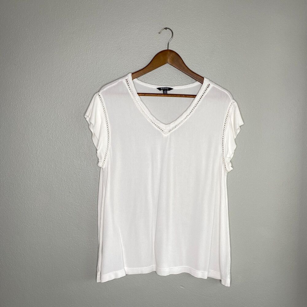 Buffalo David Bitton Women's Large Lightweight V-Neck Short Sleeve Blouse White